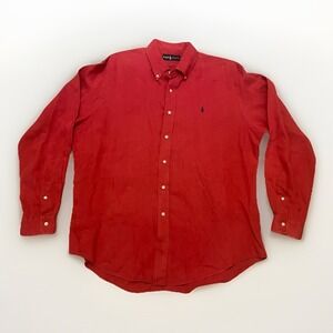 Vtg 90s Polo Ralph Lauren 100% Linen Button Down Shirt XL Red Burgundy Pony Long